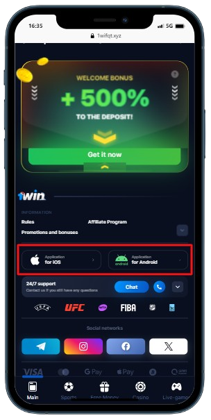 Win casino site with footer section to download app