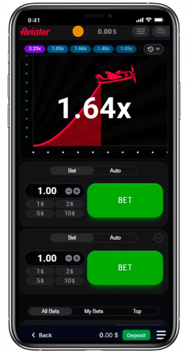 A cell phone displaying Aviator game interface with betting options