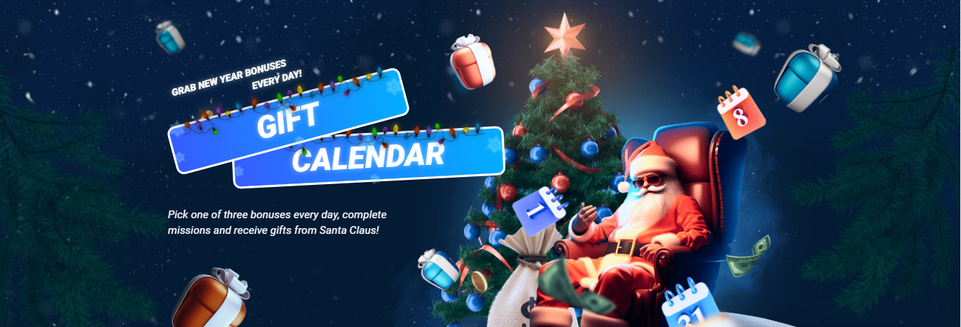 Promo banner of the Mostbet with Santa Claus, tree, presents and text 'Gift calendar'